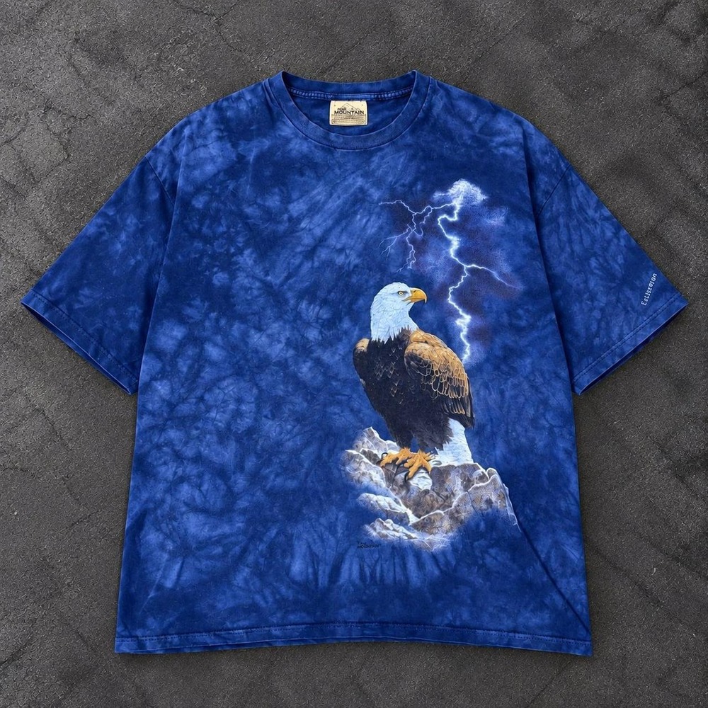 The Mountain Blue Tie-Dye Bald Eagle Lightning Graphic Crew Neck T-Shirt XL